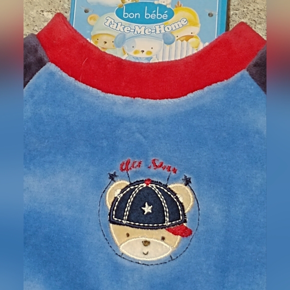 3-6 months, 3 piece set, "bon bebe" velour, blue & red "all star" baseball - Picture 5 of 7